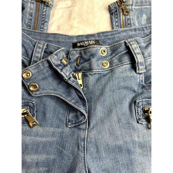 Balmain Paris Moto Skinny Jeans Womens Size 40 Blue Distressed Zip Details - Picture 5 of 15